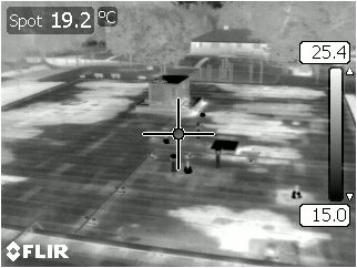Infrared thermography showing locations of potential leaks on a roof.